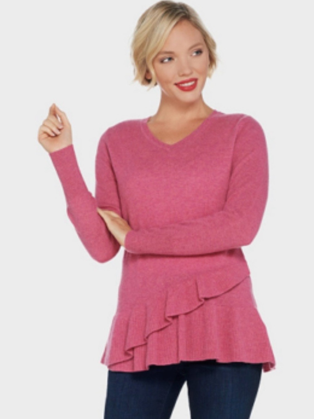 Isaac Mizrahi Live! 2 Ply Cashmere V Neck Ruffle Peplum Sweater Heather Rose LG